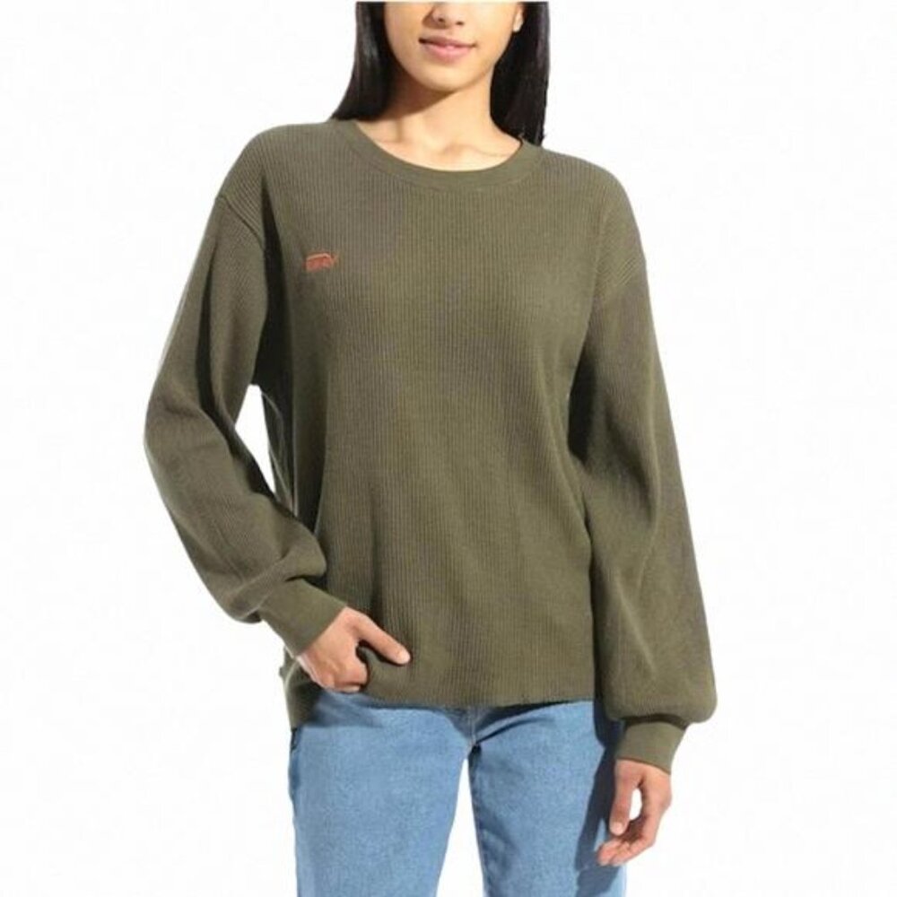 VANS WOMEN’S Size VN0A4SCAKCZ LORRAINE LONG SLEEVE THERMAL Cotton Green LOGO TOP
